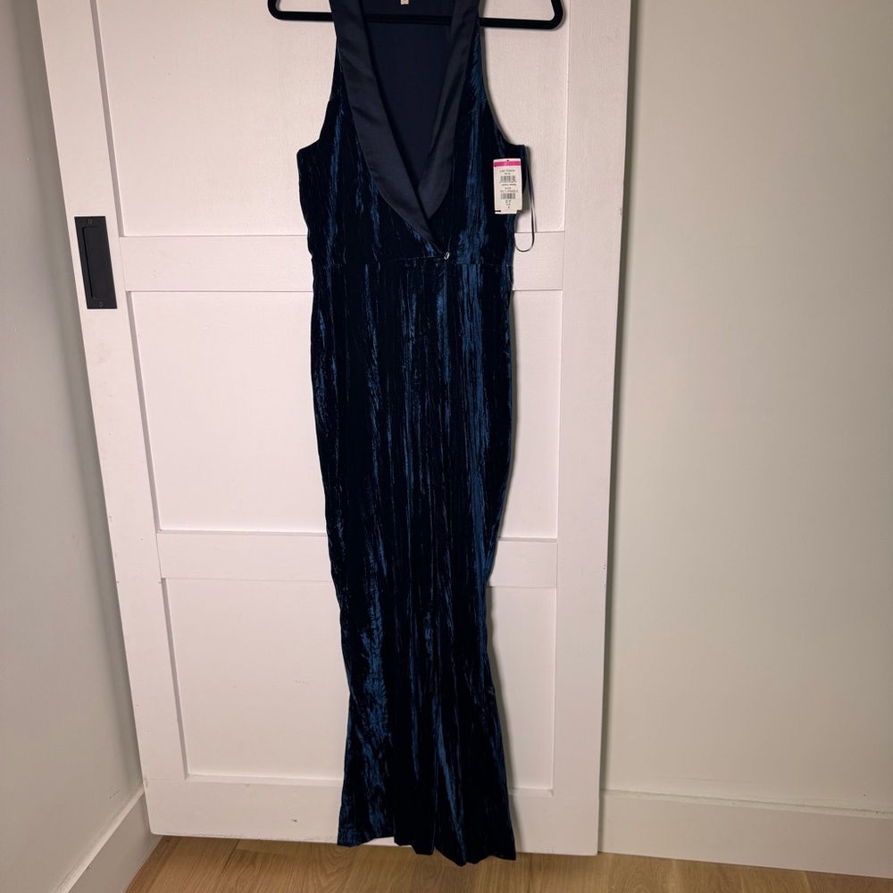 Harlyn Crushed Velvet Blue Halter Tuxedo Pantsuit Gown for Wedding Guest
